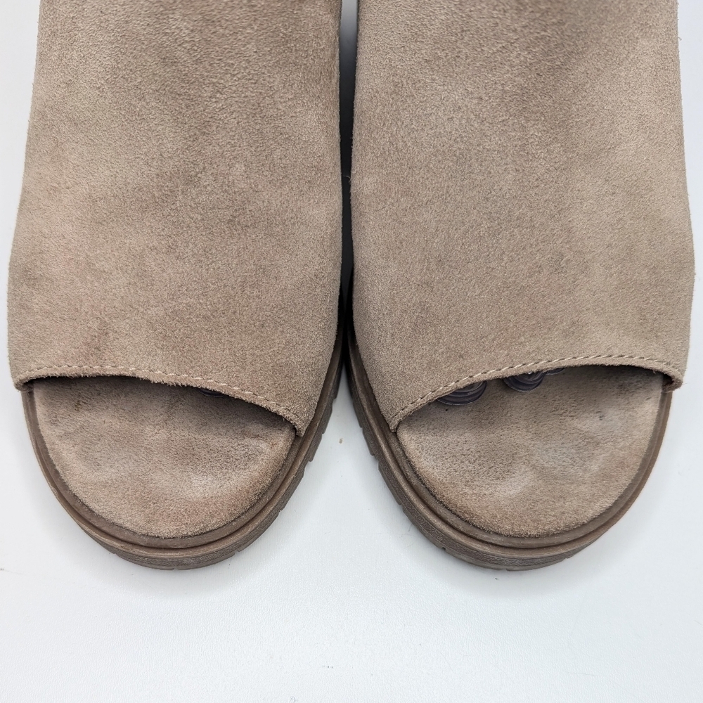 Lucky Brand Dalliey Suede Mules Tan Beige Open Toe Chunky Platform Heels Size 8 - Picture 3 of 8